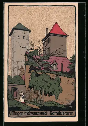 Steindruck-AK Villingen /Schwarzw., Romäusturm mit Statue