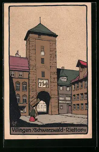 Steindruck-AK Villingen /Schwarzw., Riettor mit Passantin