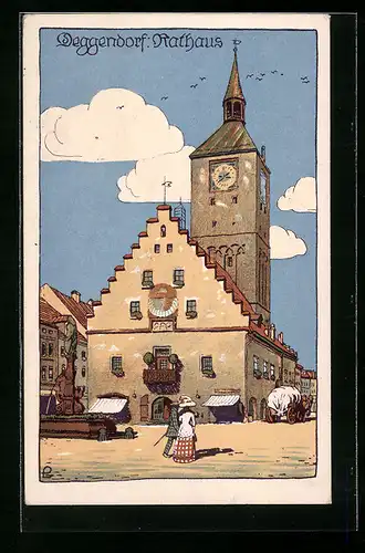 Steindruck-AK Deggendorf, Rathaus mit Planwagen und Brunnen