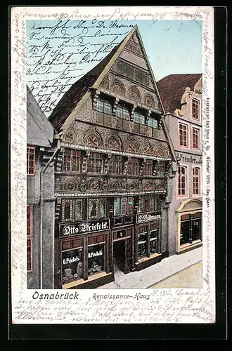 Goldfenster-AK Osnabrück, Renaissance-Haus mit Geschäften Prickels und Willmann, mit leuchtenden Fenstern