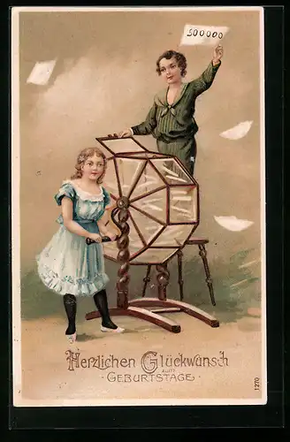 Präge-Lithographie Mädchen und Knabe mit Lostrommel