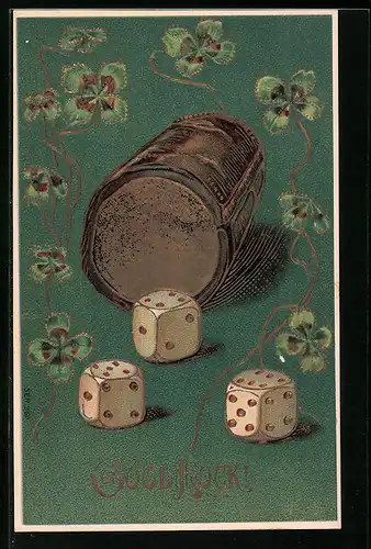 Präge-Lithographie Würfelbecher mit Würfeln