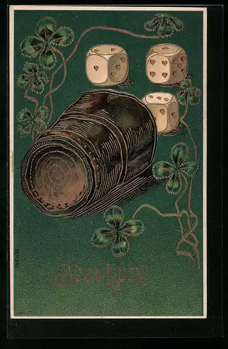 Präge-Lithographie Good Luck, Würfelbecher mit Würfeln