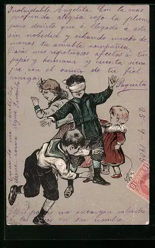 Lithographie Kinder beim Blindekühspiel