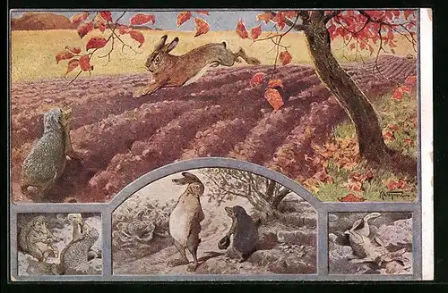 Künstler-AK K. Wagner: Der Hase und der Igel veranstalten ein Wettrennen, Märchen