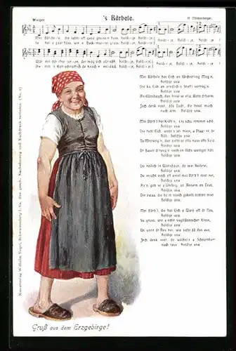 Lied-AK Hilmar Mückenberger: Lied `s Bärbele - Text, Noten, Magd in Hausschuhen