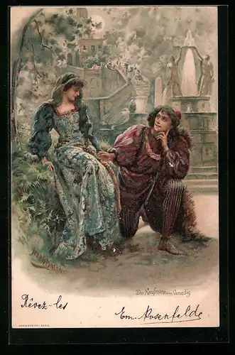 AK Dichter William Shakespeare, Szene aus Der Kaufmann von Venedig, Mann kniet vor seiner Angebeteten