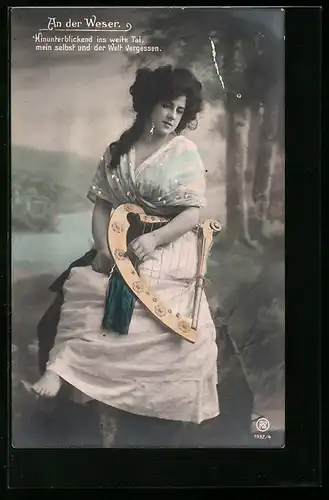 AK Operette an der Weser, Frau im Kleid mit Harfe
