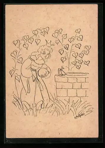 Künstler-AK Prinzessin mit Ball am Brunnen mit dem Froschkönig, Märchen