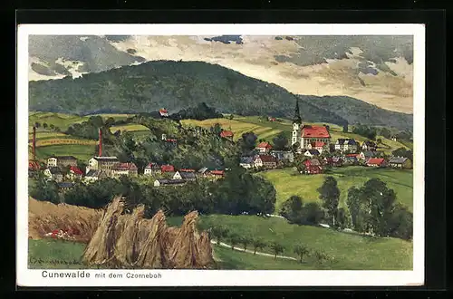 Künstler-AK Cunewalde, Teilansicht mit Kirche und dem Czorneboh