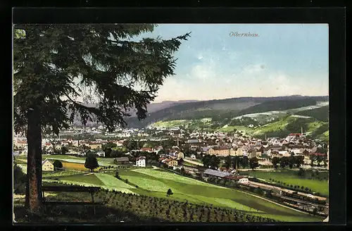 AK Olbernhau, Gesamtansicht mit Feldern aus der Vogelschau