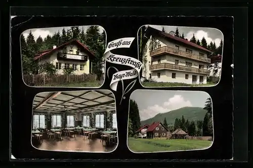 AK Kreuzstrassl üb. Zwiesel /Bayer. Wald, Gasthaus und Pension Max Müller, Innenansicht, Seitenansicht