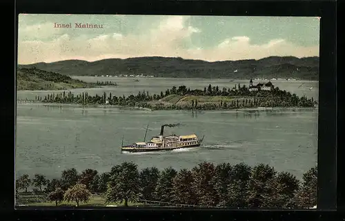 AK Insel Mainau, Panorama mit Dampfer