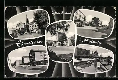 AK Elmshorn /Holst., Strassenpartie mit Kirche, Hafenpartie