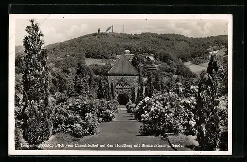AK Langenberg /Rhld., Bismarckturm und Sender, vom Ehrenfriedhof aus