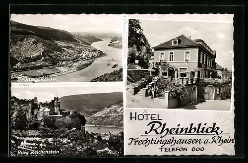 AK Trechtingshausen / Rhein, Hotel Rheinblick, Gesamtansicht mit Burg Reichenstein