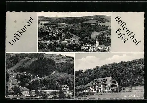 AK Hellenthal /Eifel, Ortsansicht, Jugendherberge, Campingplatz und Schwimmbad
