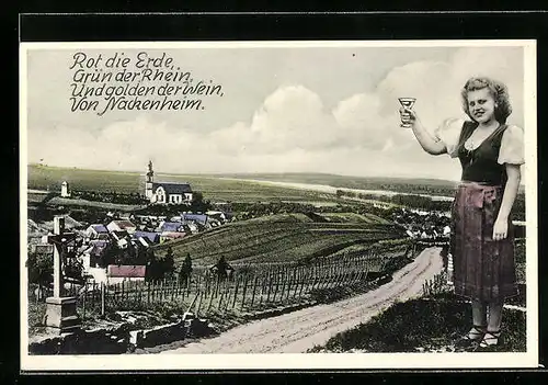 AK Nackenheim /Rh., Ortsansicht und junge Frau mit Wein am Wegekreuz