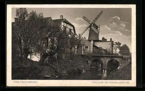AK Calcar am Häselaertor / Niederrhein, Ortspartie mit Windmühle und Brücke