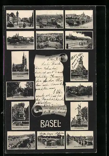 AK Basel, Marktplatz, Pfalz mit Münster, Jacobsdenkmal