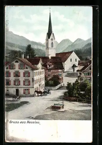 AK Nesslau, Ortspartie mit Blick zur Kirche