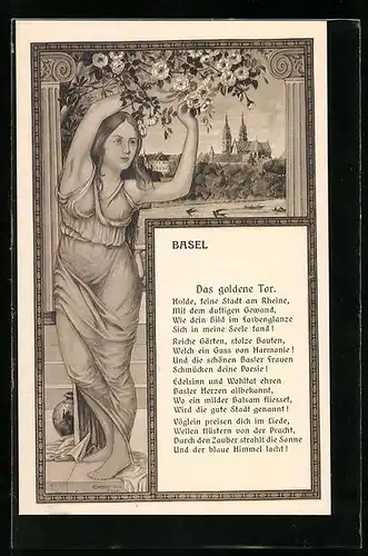 Künstler-AK Basel, Gedicht Das goldenen Tor, Frau und Baumblüte vor Teilansicht