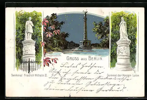 AK Berlin, Siegessäule bie Nacht, Denkmal Friedrich Wilhelm III., Denkmal der Königin Luise