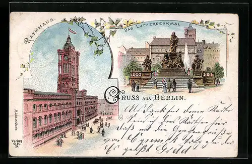 Lithographie Berlin, Rathaus an der Königstrasse, Lutherdenkmal