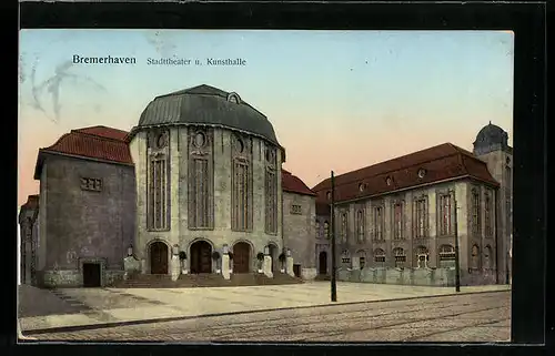 Goldfenster-AK Bremerhaven, Stadttheater und Kunsthalle mit leuchtenden Fenstern