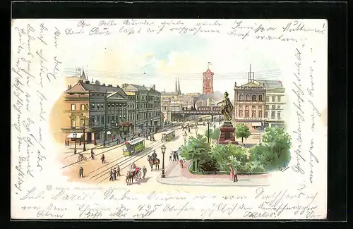 Lithographie Berlin, Alexanderplatz mit Berolina, Strassenbahn