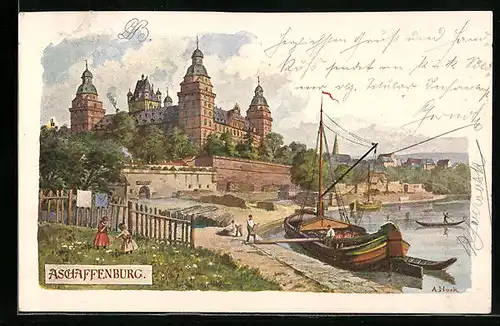 Künstler-AK Aschaffenburg, Hafenpartie mit Burg