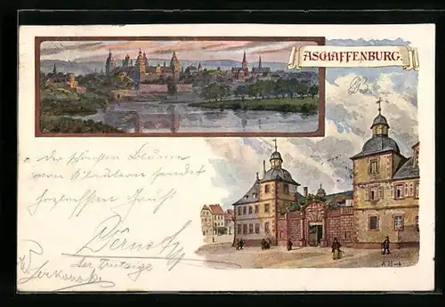 Künstler-AK Aschaffenburg, Gebäude mit Tor, Totalansicht