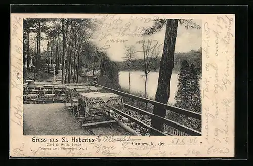 AK Berlin-Grunewald, Gasthof St. Hubertus Leske, Terrasse mit Wasserblick