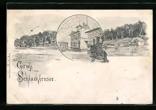 Künstler-AK Berlin-Schlachtensee, Bahnhof, Seepartie mit Fischerhütte