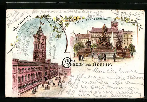 Lithographie Berlin, Rathhaus und Lutherdenkmal, Neuer Markt