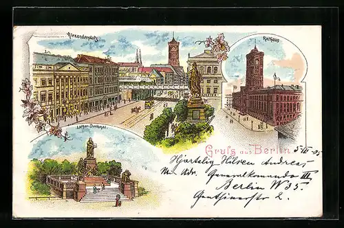 Lithographie Berlin, Alexanderplatz mit Denkmal, Rathaus, Luther-Denkmal