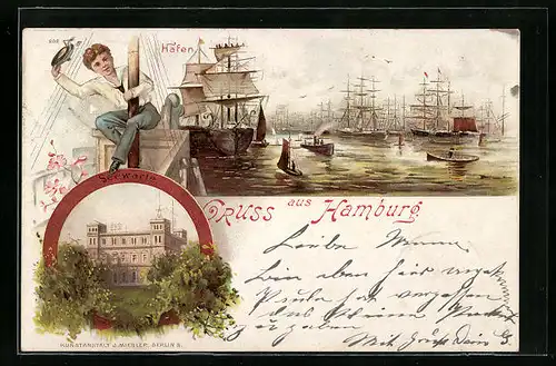 Lithographie Hamburg-St. Pauli, Hafen, Seewarte, Schiffsjunge kraxelt am Mast