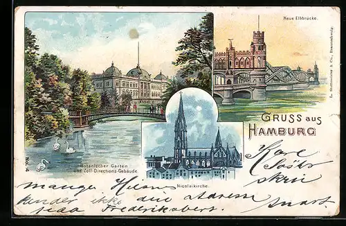 Lithographie Hamburg, Botanischer Garten und Zolldirektion, Neue Elbbrücke