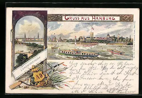 Künstler-AK Hamburg, Uhlenhorster Fährhaus mit Schiffen, Lombardsbrücke