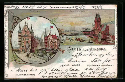 Lithographie Hamburg, Lagerhäuser, Freihafen und Jungfernbrücke