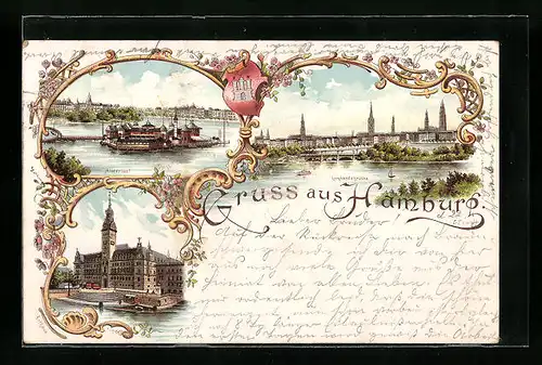 Lithographie Hamburg-St.Georg, Gasthaus Alsterlust, Lombardsbrücke, Rathaus