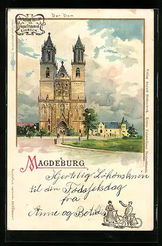 Lithographie Magdeburg, Dom, Vorderansicht