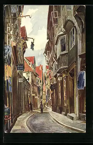 Künstler-AK Hildesheim, Judenstrasse mit Geschäften