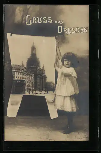 AK Dresden, Kleines Mädchen hält ein Bild mit der Frauenkirche