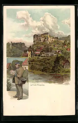 Lithographie Streitberg, Ortsansicht und Briefträger