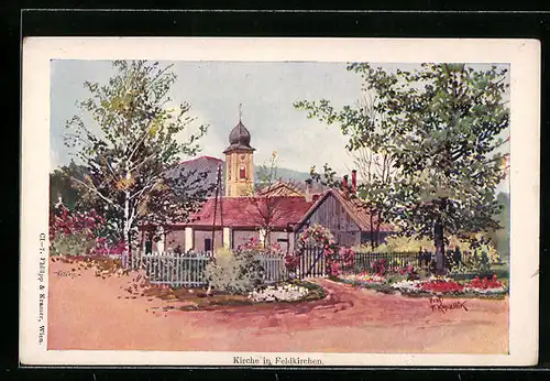 Künstler-AK Franz Kopallik: Feldkirchen, Ortspartie mit Kirche