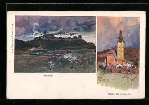 Künstler-AK Franz Kopallik: Althofen, Ortsansicht, Kirche bei Krappfeld