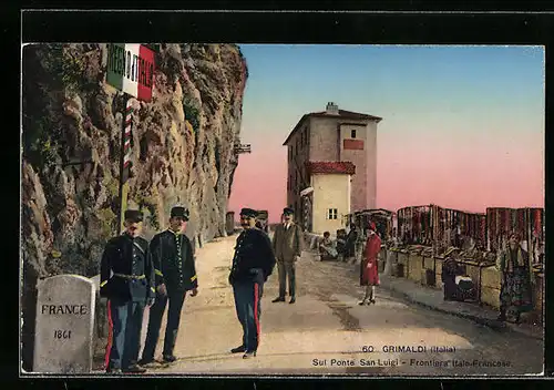 AK Grimaldi, Sul Ponte San-Luigi, Frontiera Italo-Francese, Grenze mit Soldaten