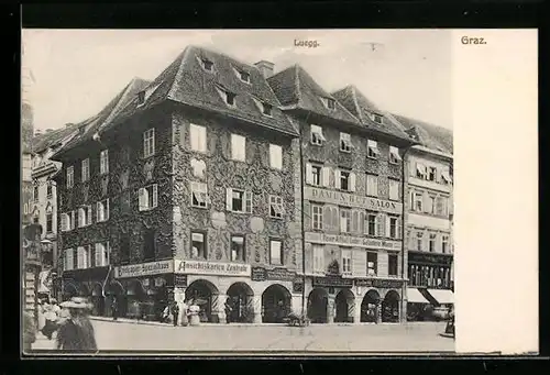 AK Graz, Luegg mit Ansichtskarten-Geschäft und Damen-Hut-Salon