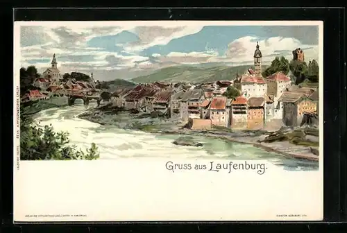 Lithographie Laufenburg, Ortsansicht mit Flusspartie